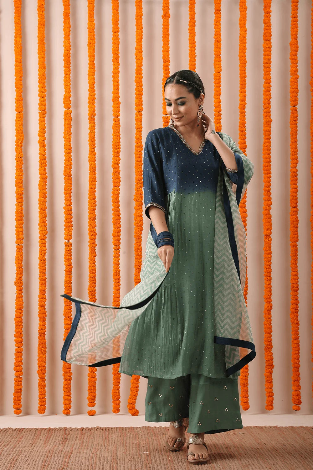 Blue Shaed Mukaish Double Gathered Set