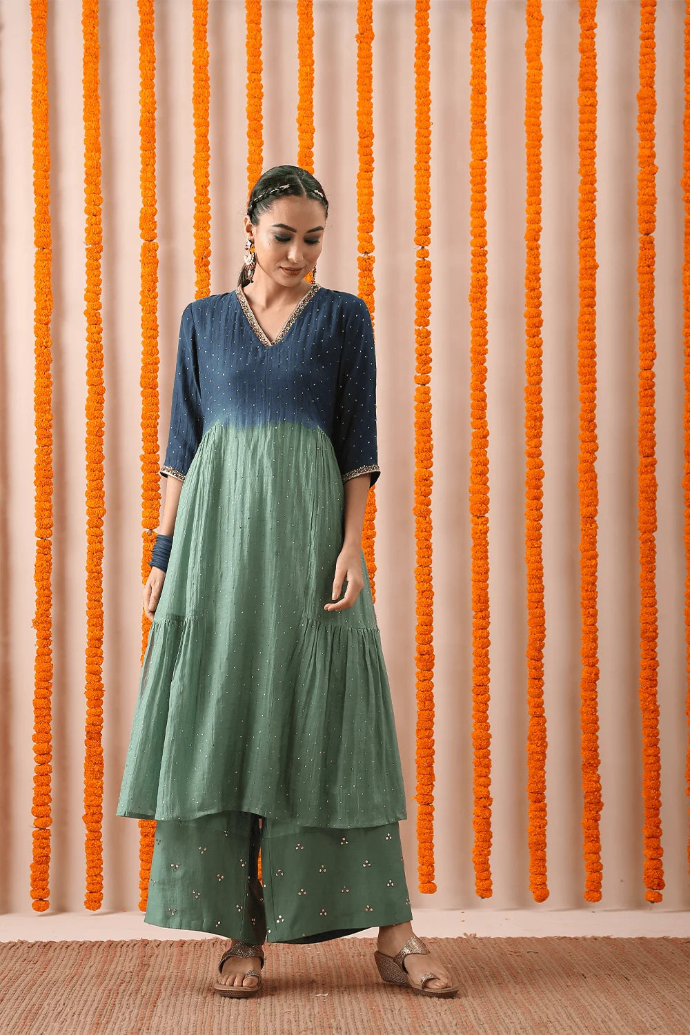 Blue Shaed Mukaish Double Gathered Set