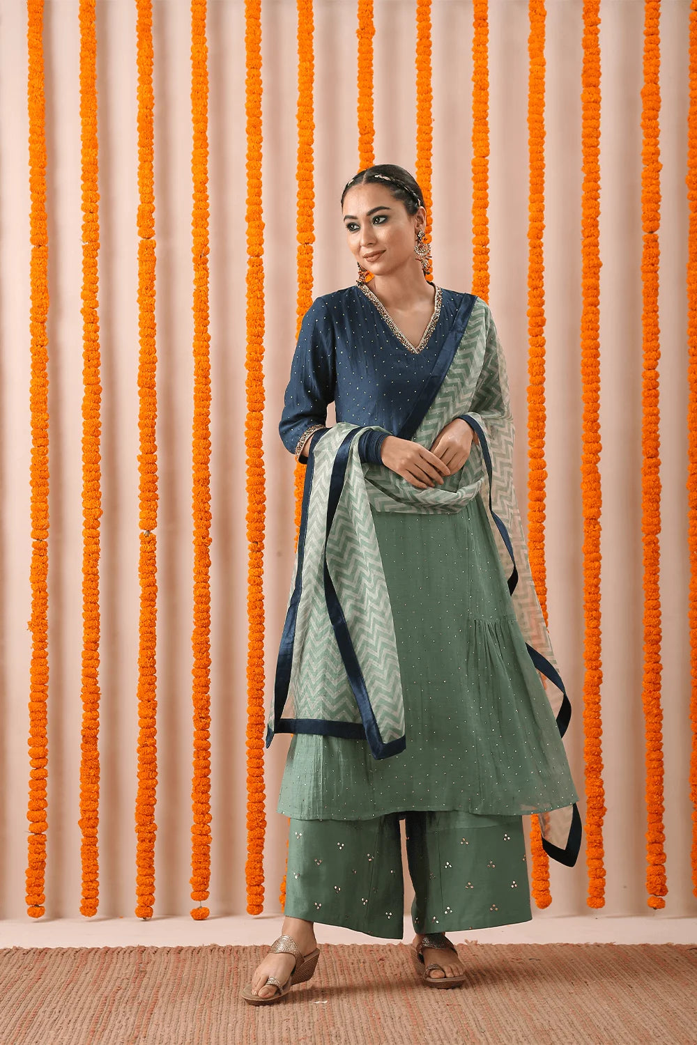 Blue Shaed Mukaish Double Gathered Set
