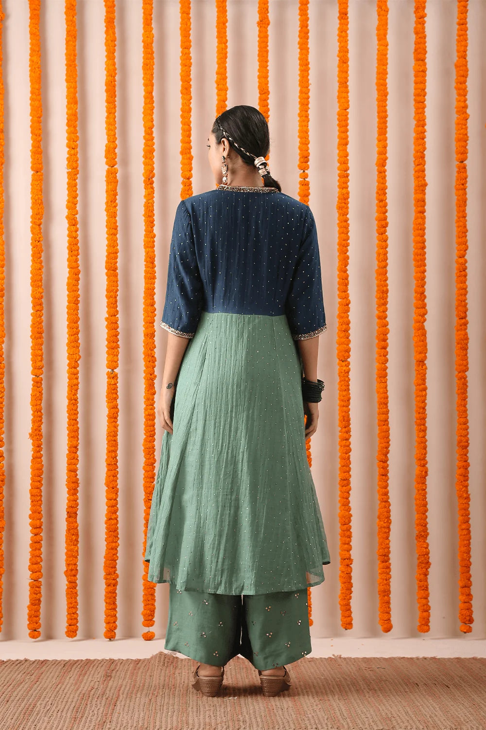 Blue Shaed Mukaish Double Gathered Set