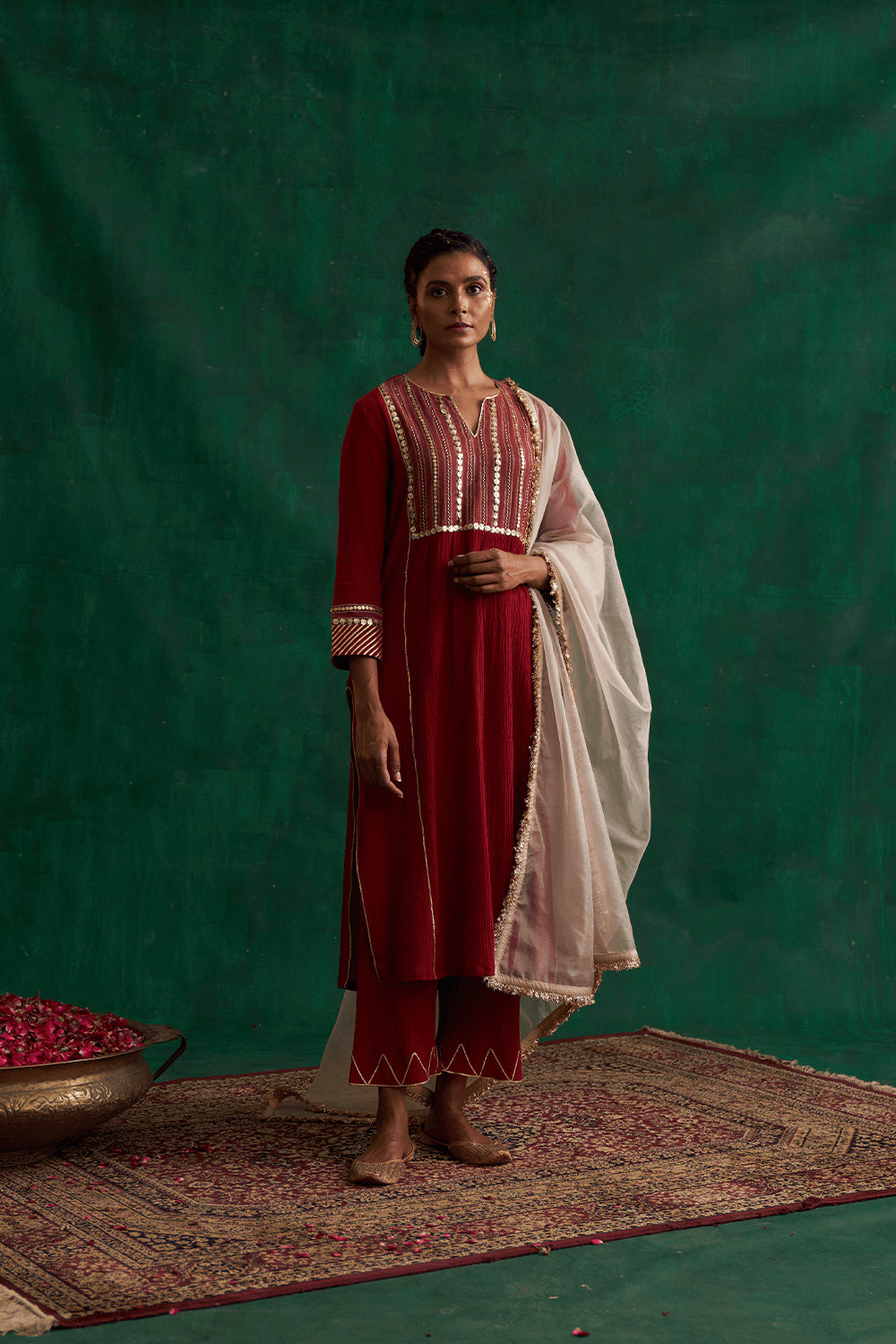Maroon Crinkled Kurta Set