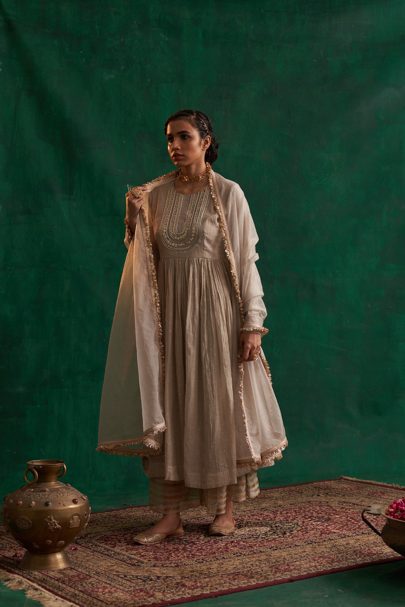 Ash Grey Mukaish Kalidar Set