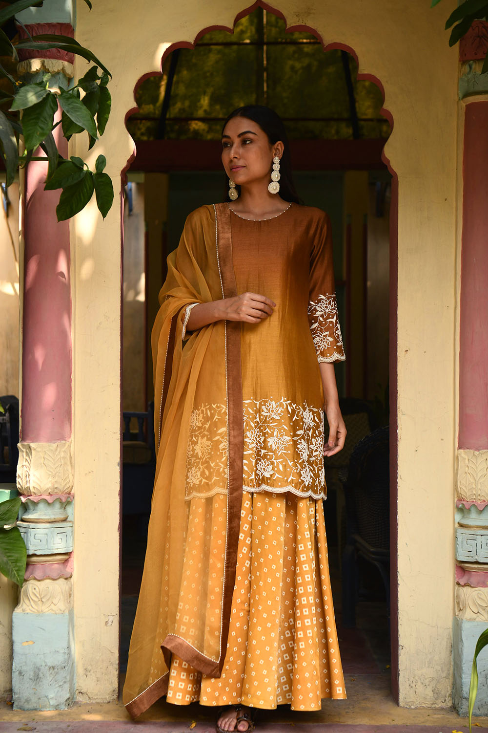 Mustard Hand Embroidered Chanderi Set