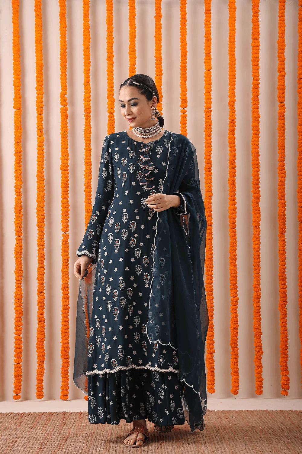 Teal Long Kurta With Sharara