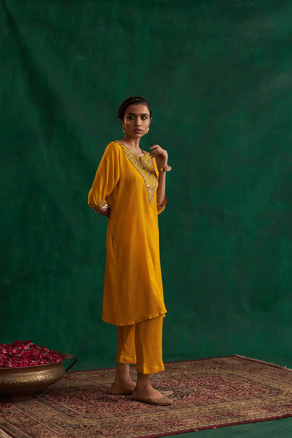 Turmeric Yellow Block Printed Kimono Set