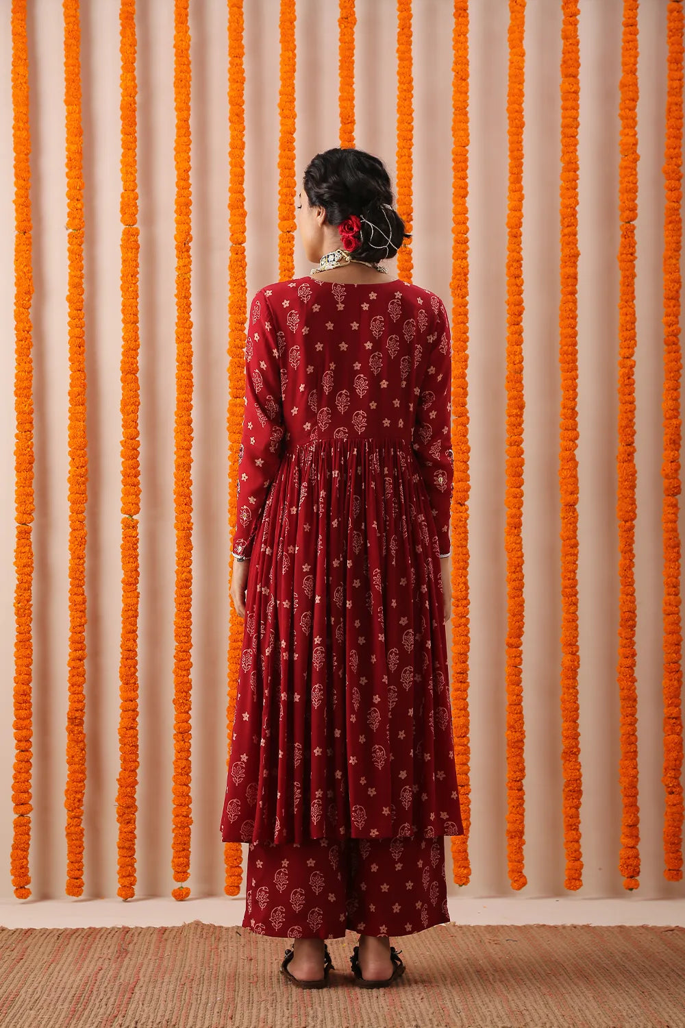 Maroon Gathered Kurta With Straight Pant Set
