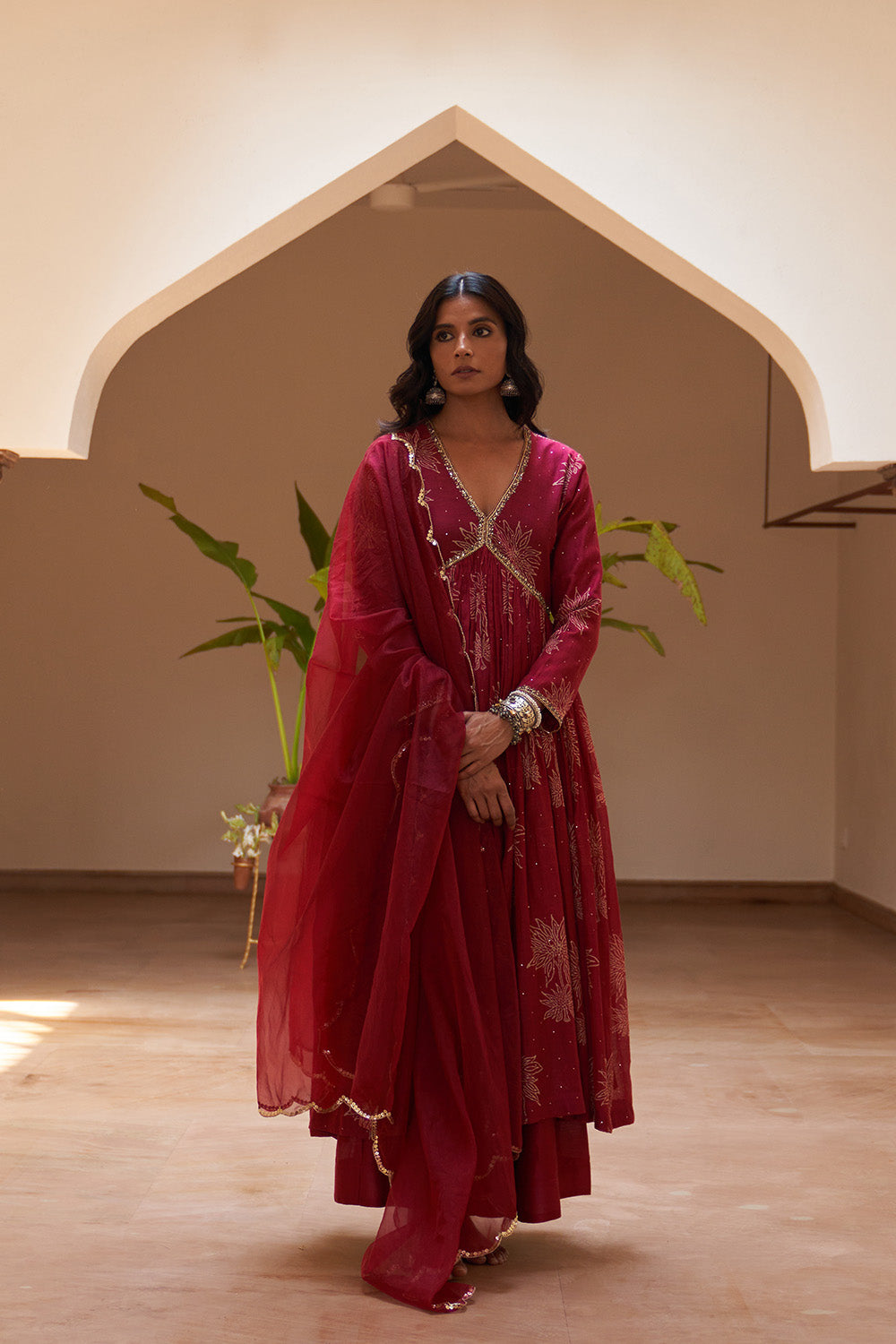 Red Mukaish Nizami Kalidar