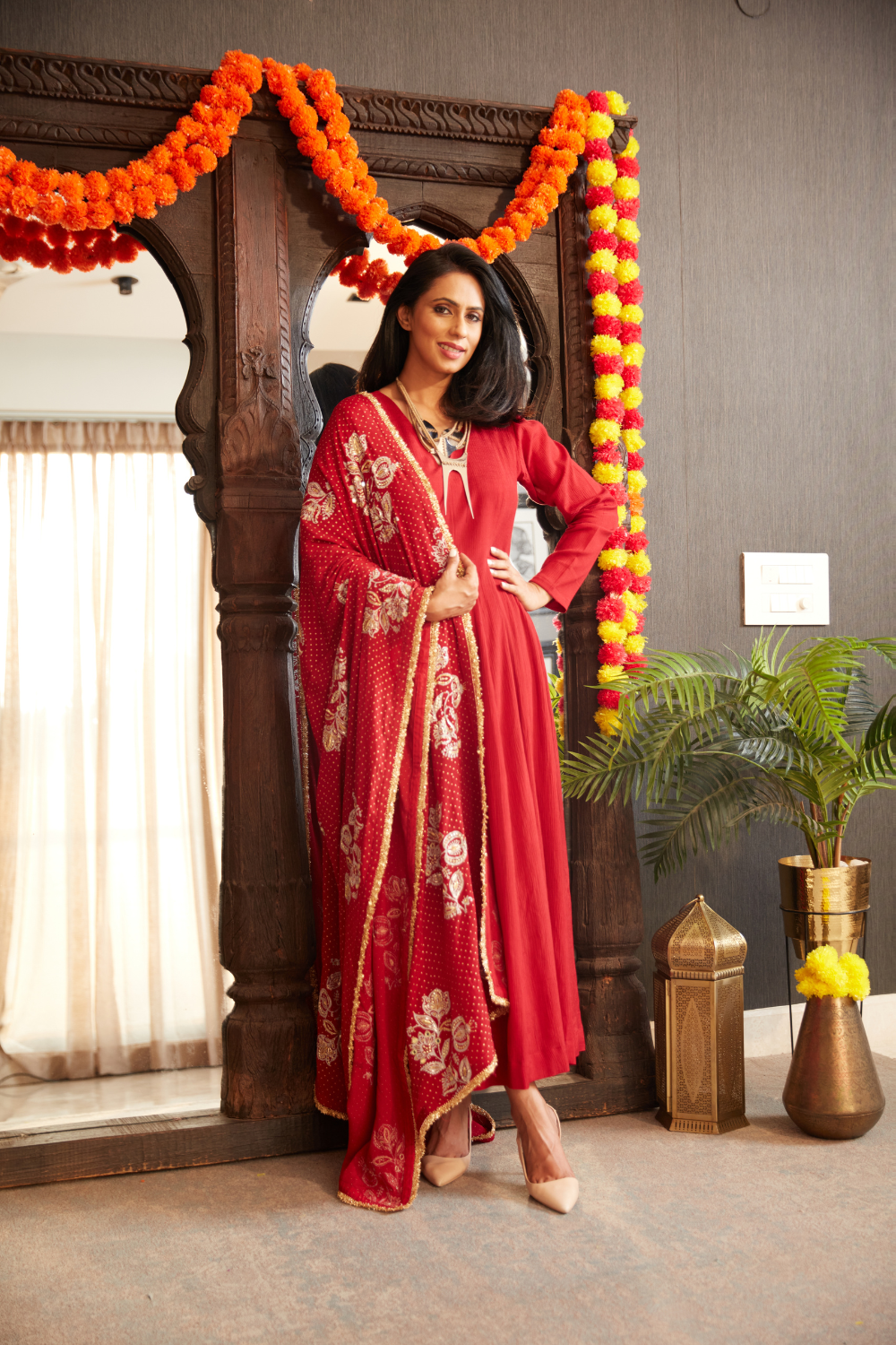 Pavitra Sagar In Vermillion Red Kalidar Set