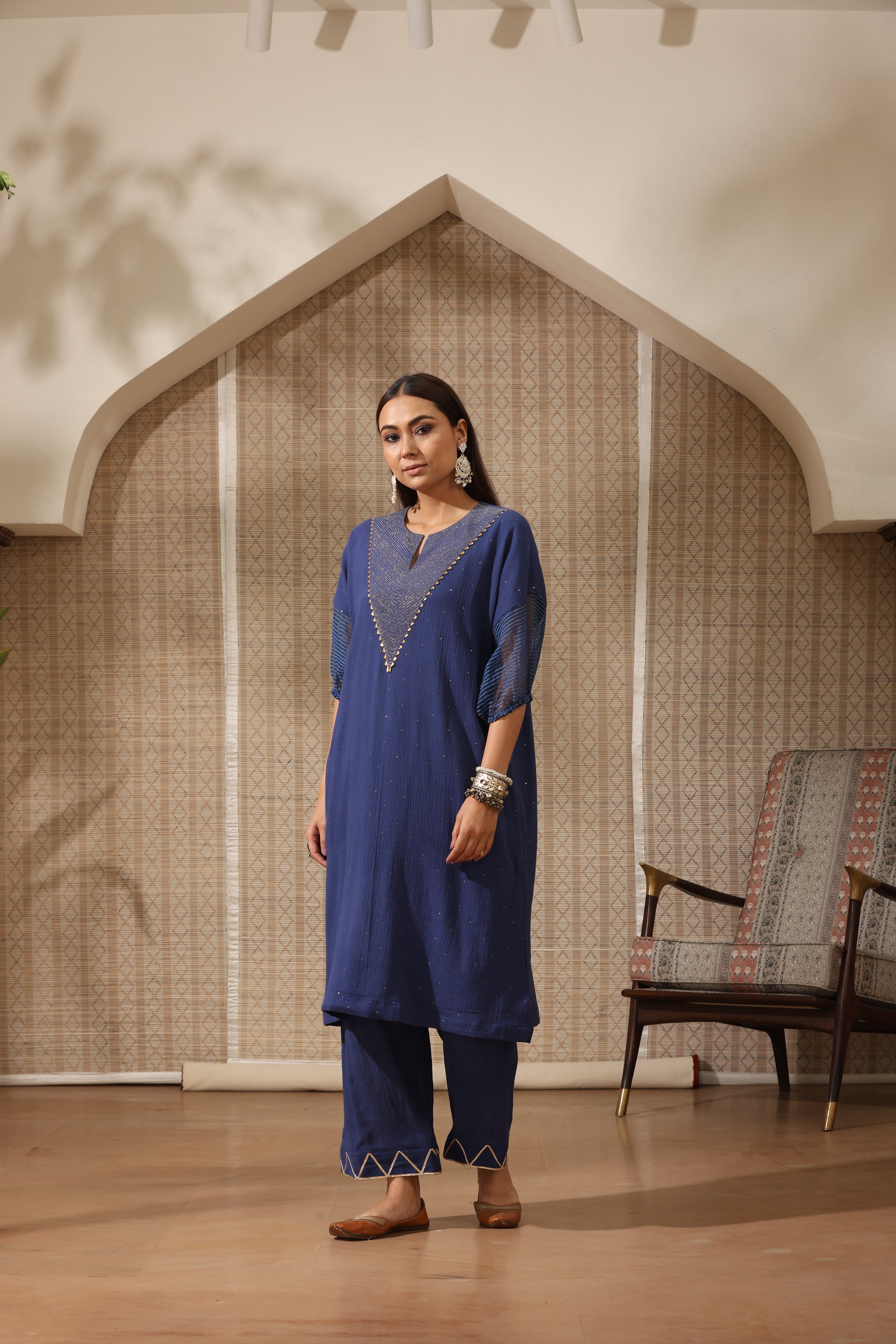 Blue Mukaish Crincle Kimono