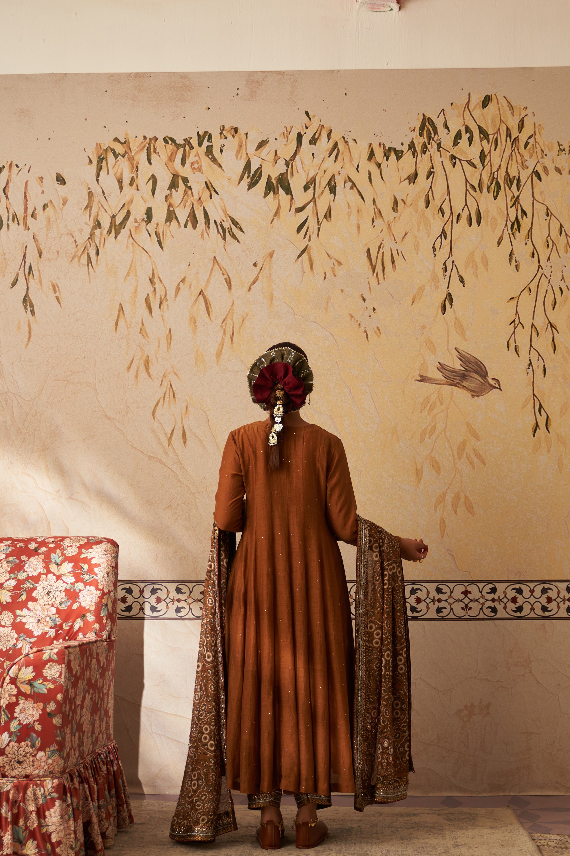Mustard Mukaish Heavy Yoke Kalidaar Set With Ajrakh Dupatta