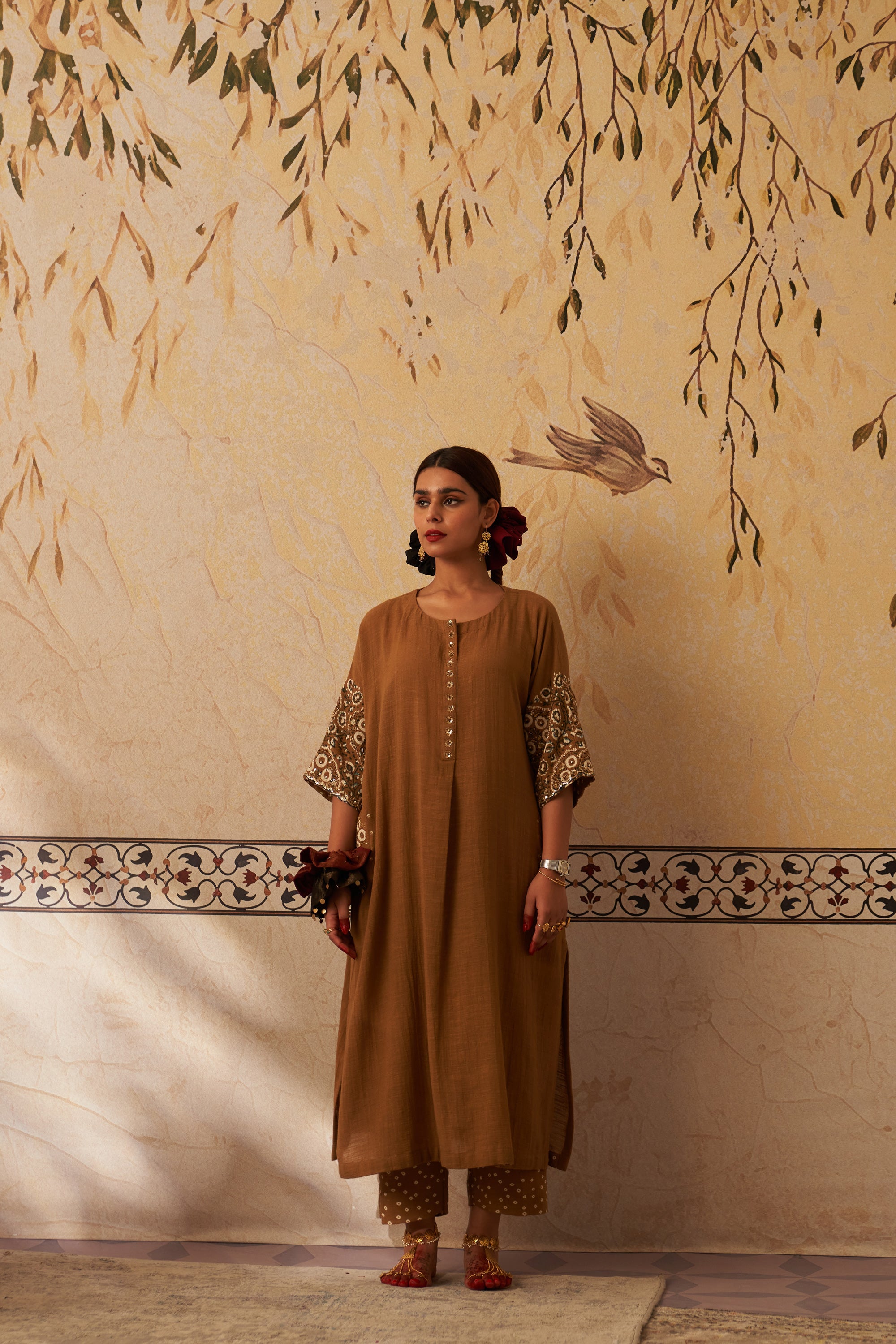Mustard Ajrakh Khadi Pocket Kimono Set
