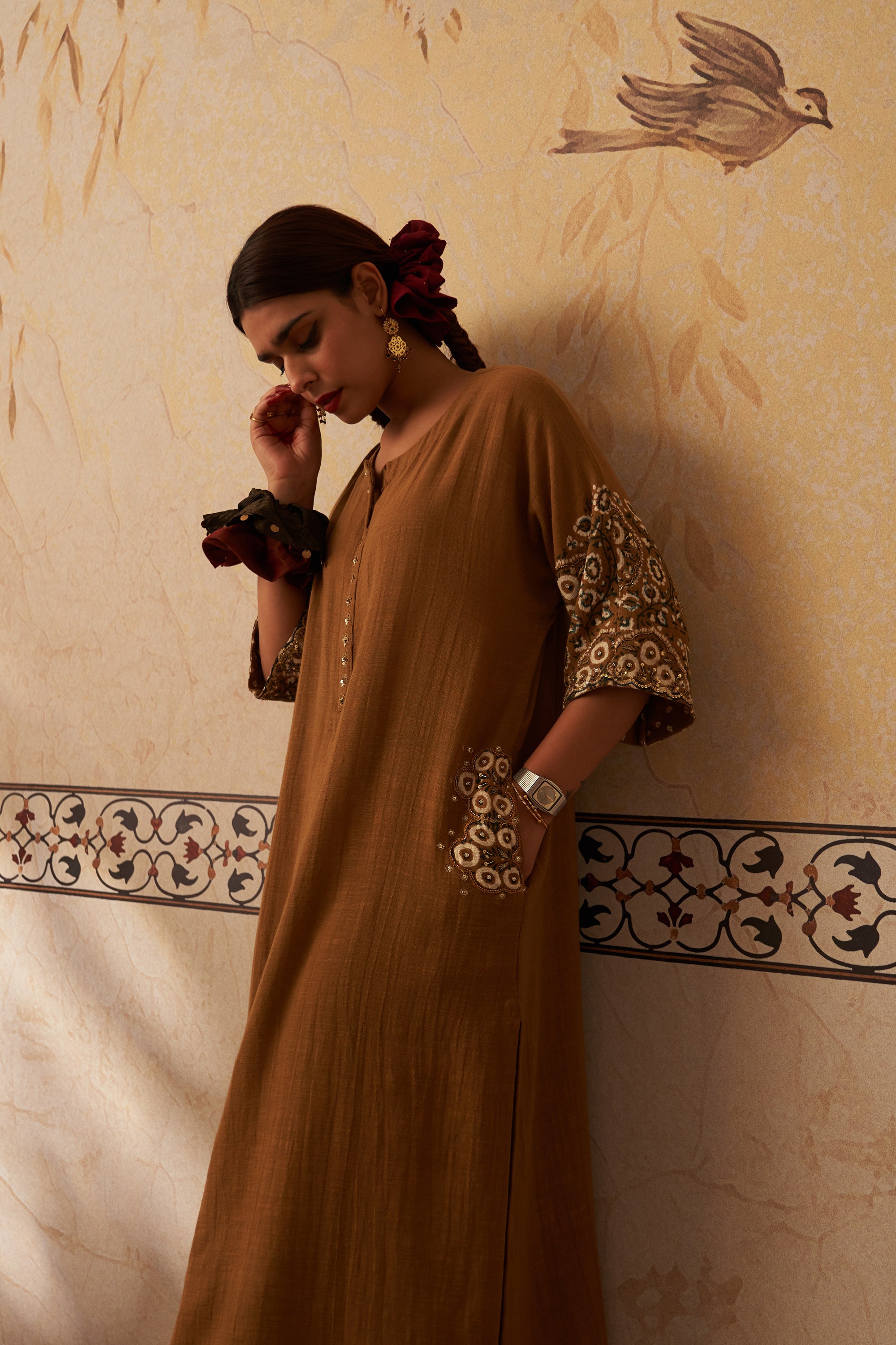 Mustard Ajrakh Khadi Pocket Kimono Set