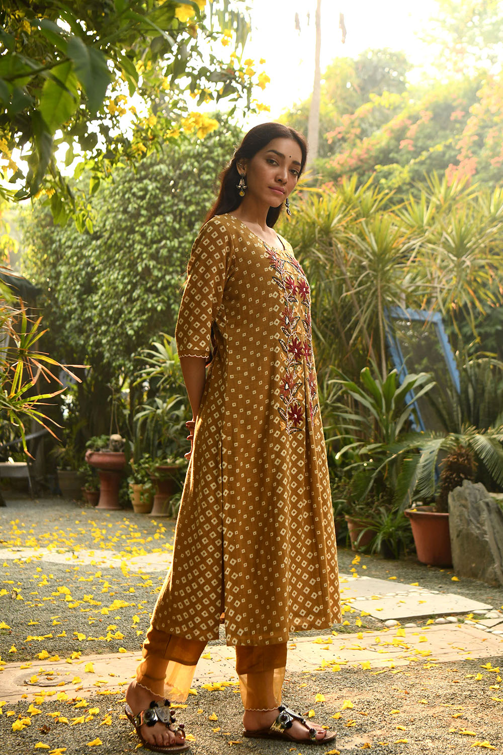 Mustard Organza Sleeves Kurta Set