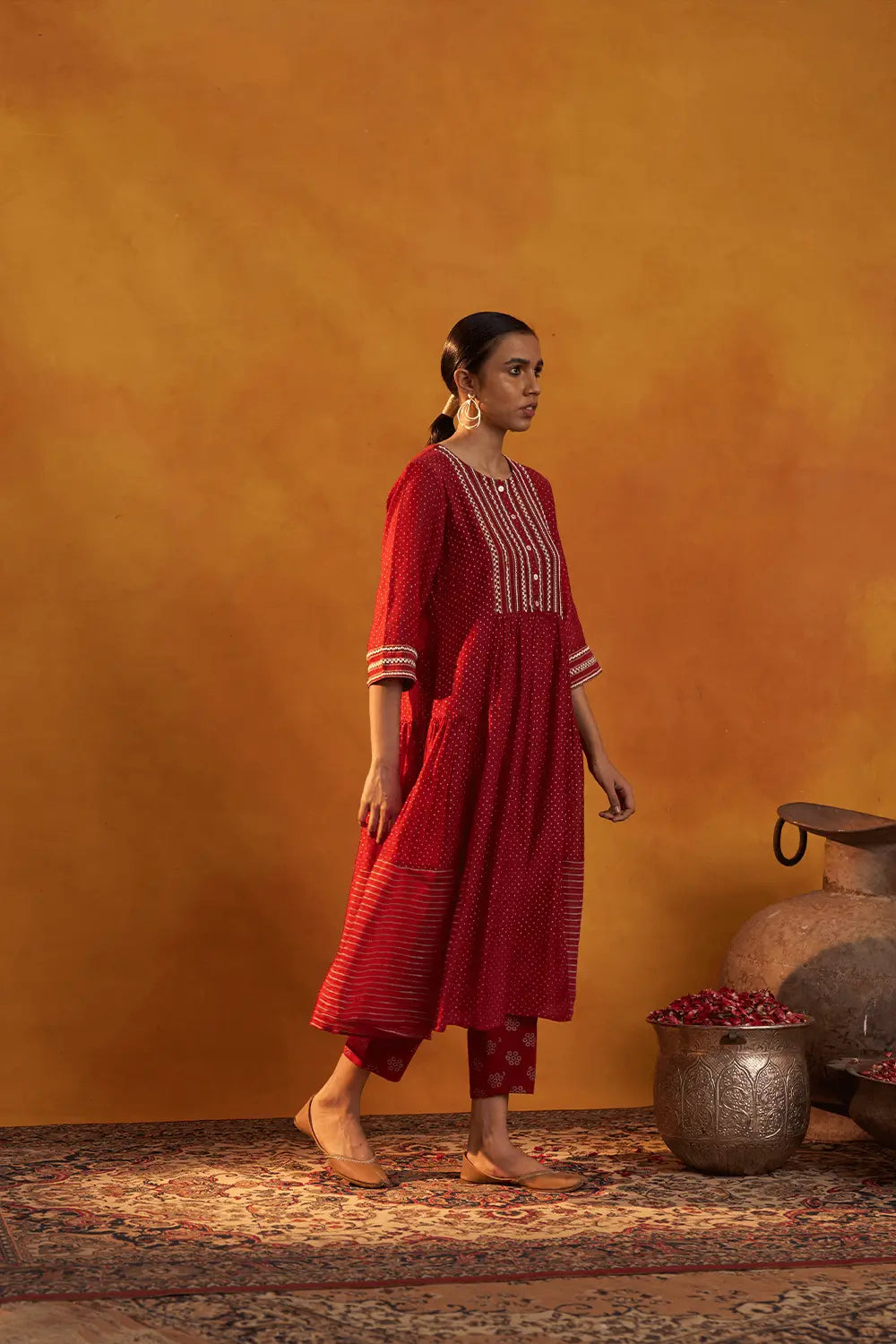 Red Hand Block Printed Kurta Set