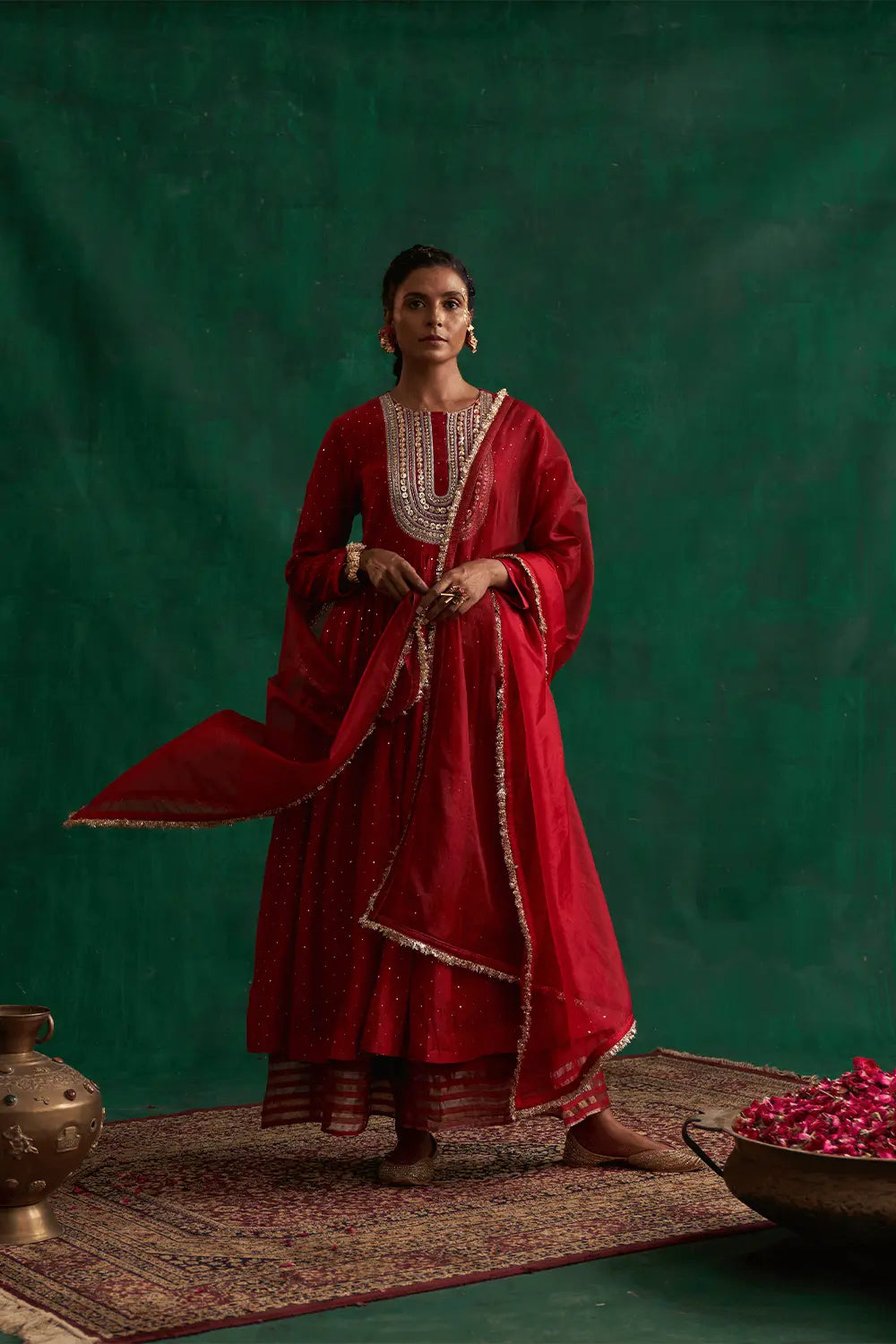 Vermillion Red Mukaish Kalidar Set