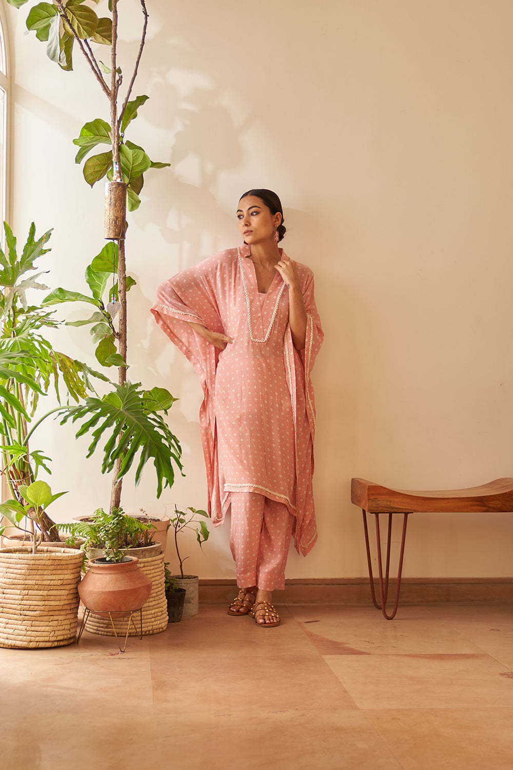 Powder Pink Bandhej Kaftan